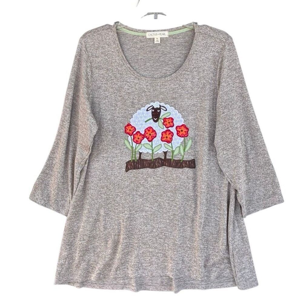 Cactus+Pearl Tan Sheep Floral Tunic Top Women Size X-Large Long Sleeve Crew Neck